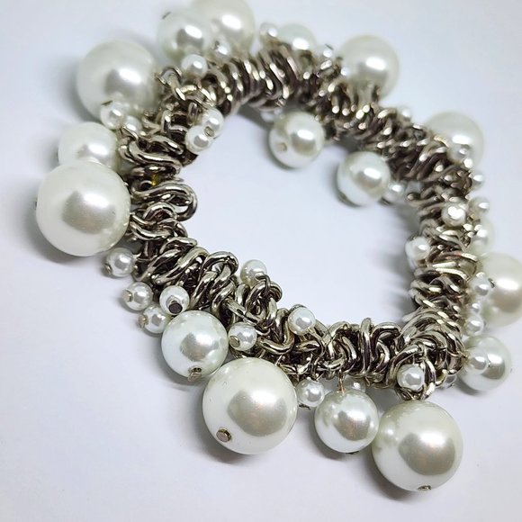 Vintage Woven Silver Chain Pearl Dangle Bead Bridal Dressy Stretch Bracelet - Picture 6 of 9